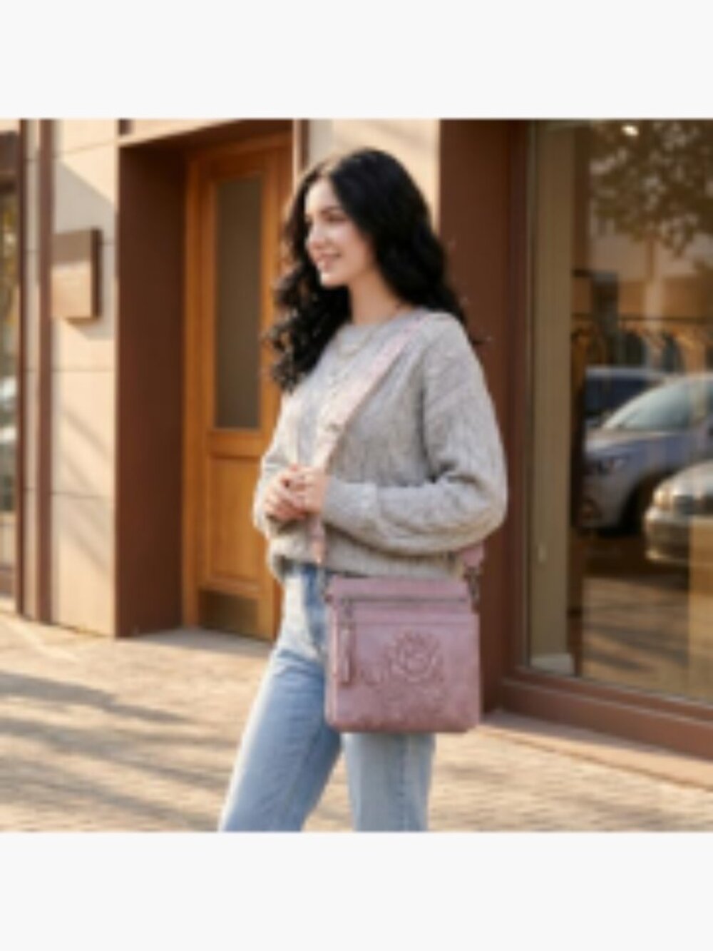 Vegan Leather Crossbody Purse Floral Embossed Multi-Pocket Adjustable Wide Strap - Picture 3 of 7